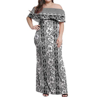 Hawaii Vintage Gray Hibiscus Tapa Pattern Off Shoulder Maxi Dress LT05 Women Gray - Polynesian Pride