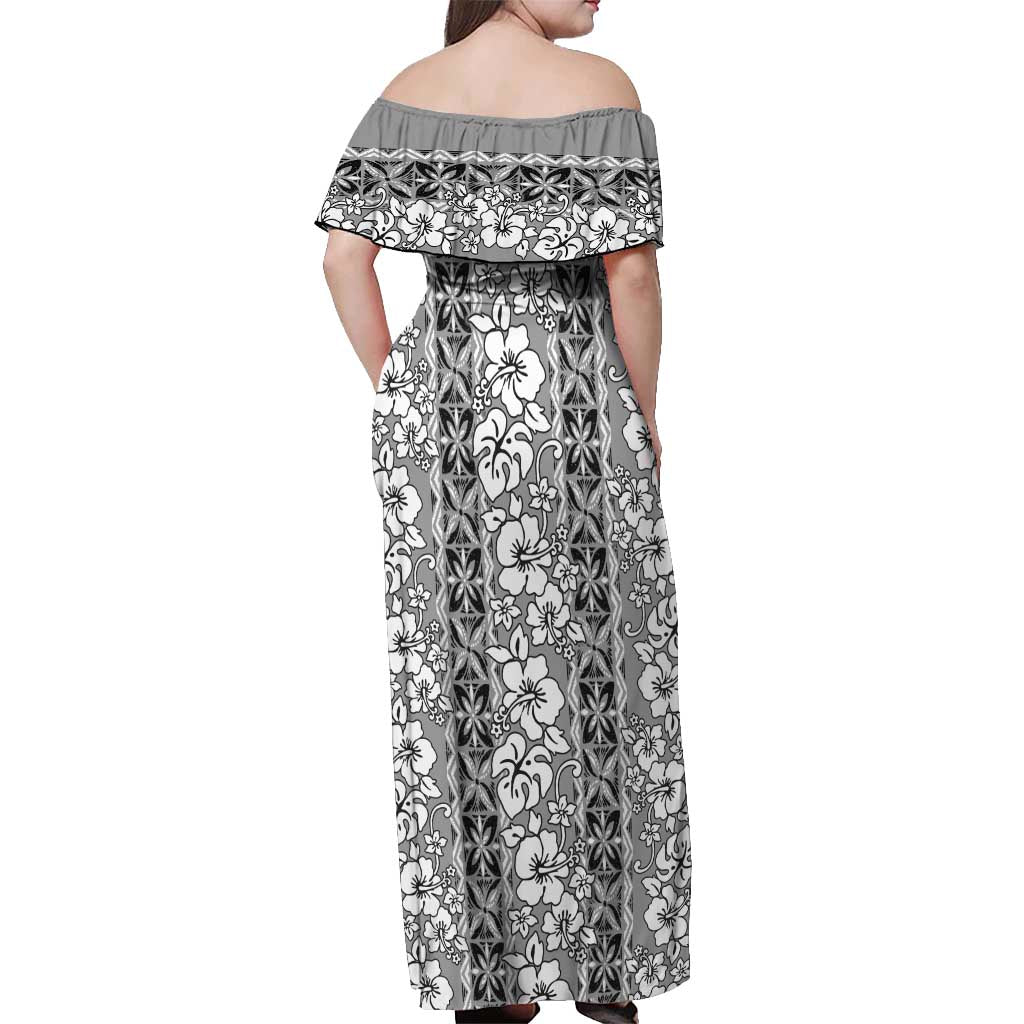 Hawaii Vintage Gray Hibiscus Tapa Pattern Off Shoulder Maxi Dress LT05 - Polynesian Pride
