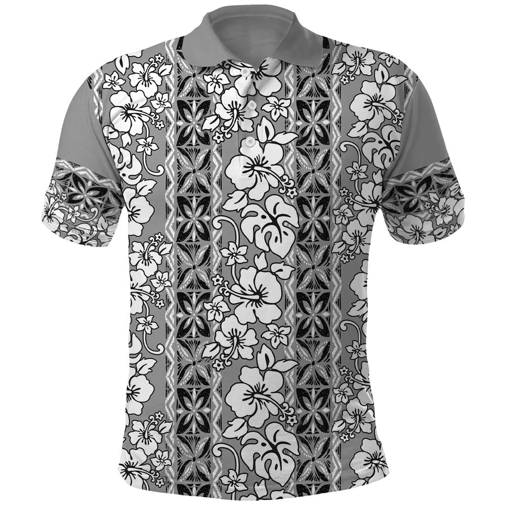 Hawaii Vintage Gray Hibiscus Tapa Pattern Polo Shirt