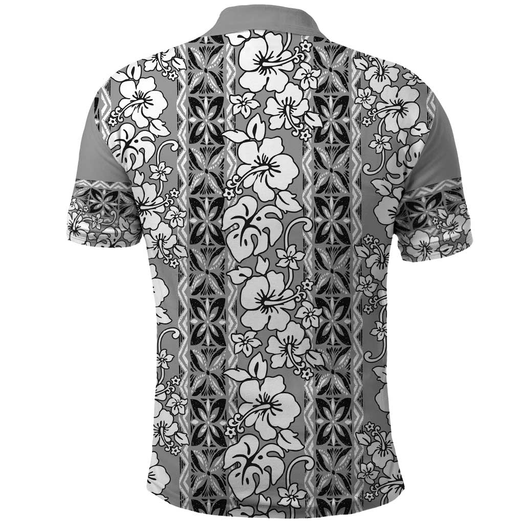 Hawaii Vintage Gray Hibiscus Tapa Pattern Polo Shirt
