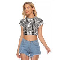 Hawaii Vintage Gray Hibiscus Tapa Pattern Raglan Cropped T Shirt LT05 Female Gray - Polynesian Pride