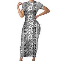Hawaii Vintage Gray Hibiscus Tapa Pattern Short Sleeve Bodycon Dress