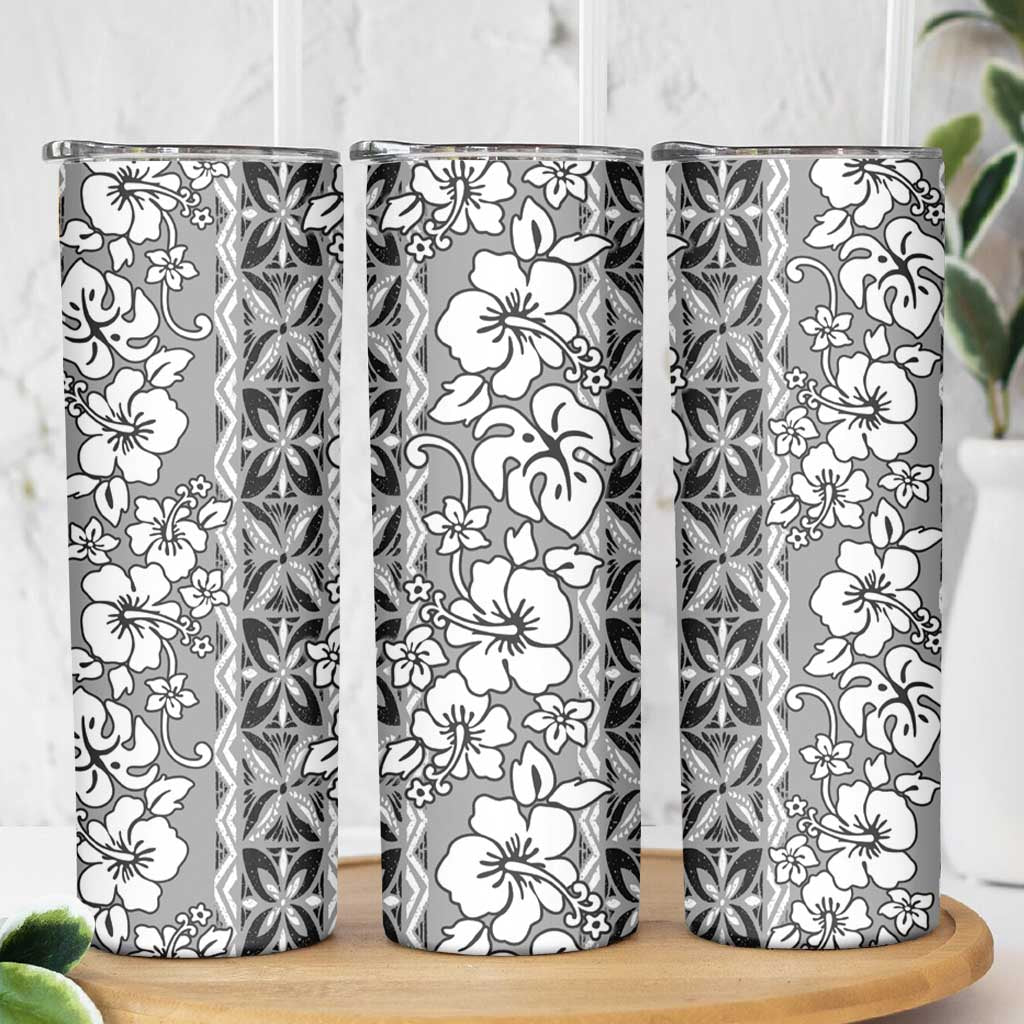 Hawaii Vintage Gray Hibiscus Tapa Pattern Skinny Tumbler
