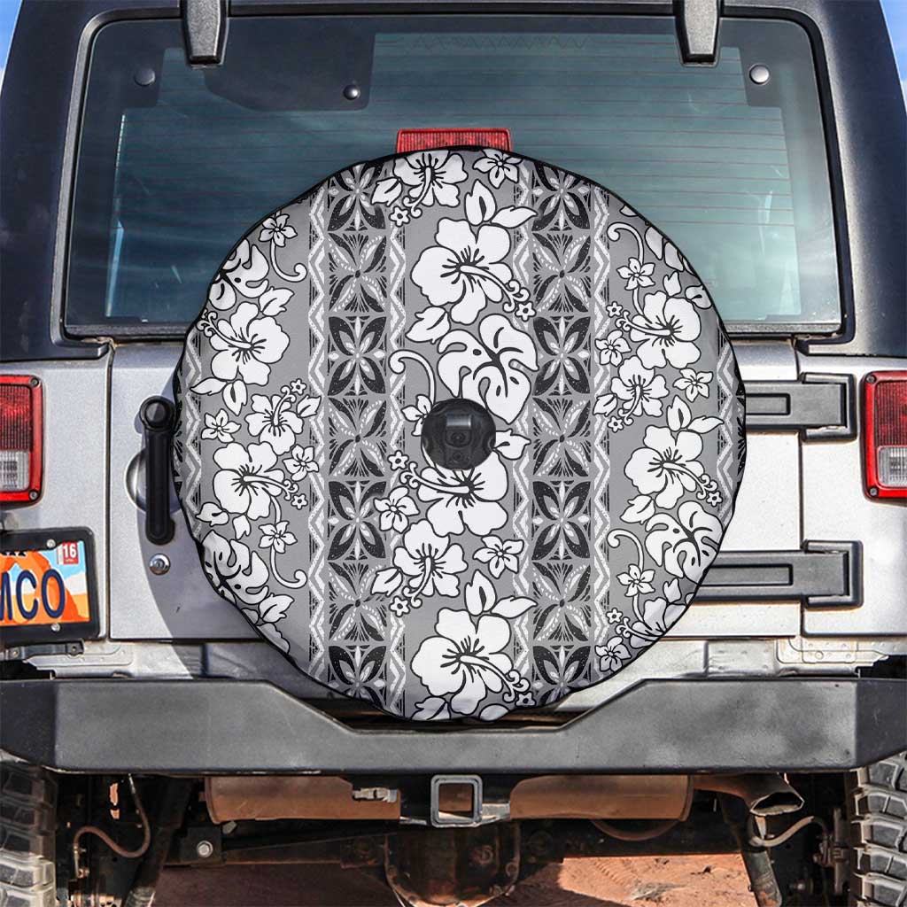 Hawaii Vintage Gray Hibiscus Tapa Pattern Spare Tire Cover