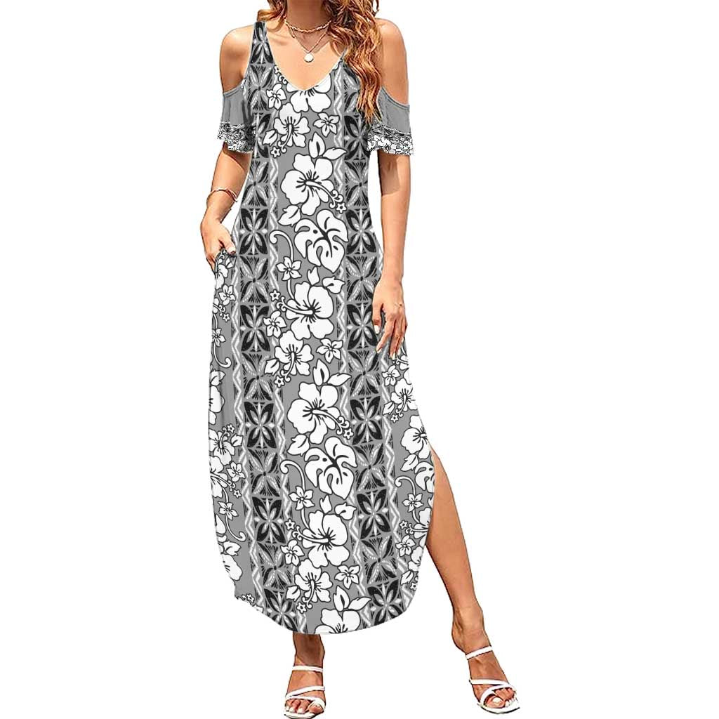 Hawaii Vintage Gray Hibiscus Tapa Pattern Summer Maxi Dress LT05 Women Gray - Polynesian Pride