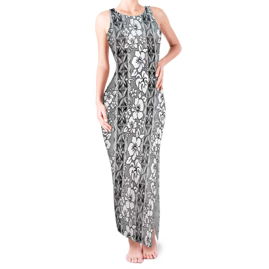 Hawaii Vintage Gray Hibiscus Tapa Pattern Tank Maxi Dress LT05 Women Gray - Polynesian Pride