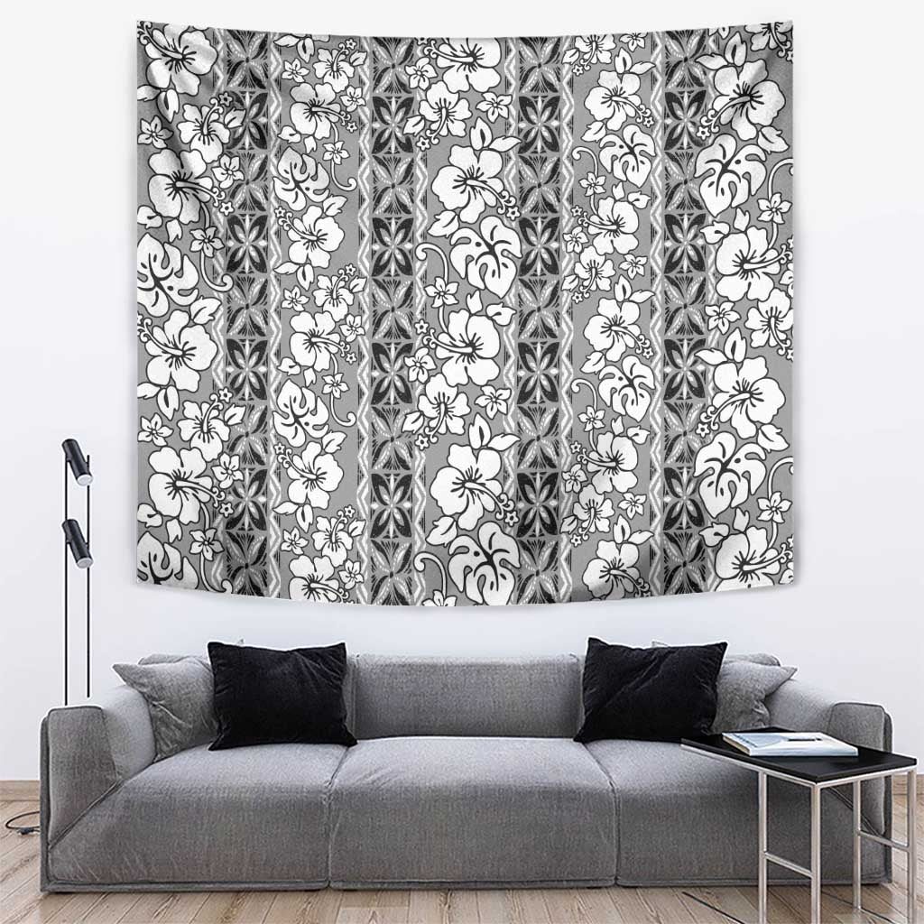 Hawaii Vintage Gray Hibiscus Tapa Pattern Tapestry