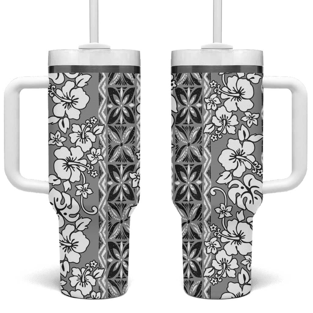 Hawaii Vintage Gray Hibiscus Tapa Pattern Tumbler With Handle