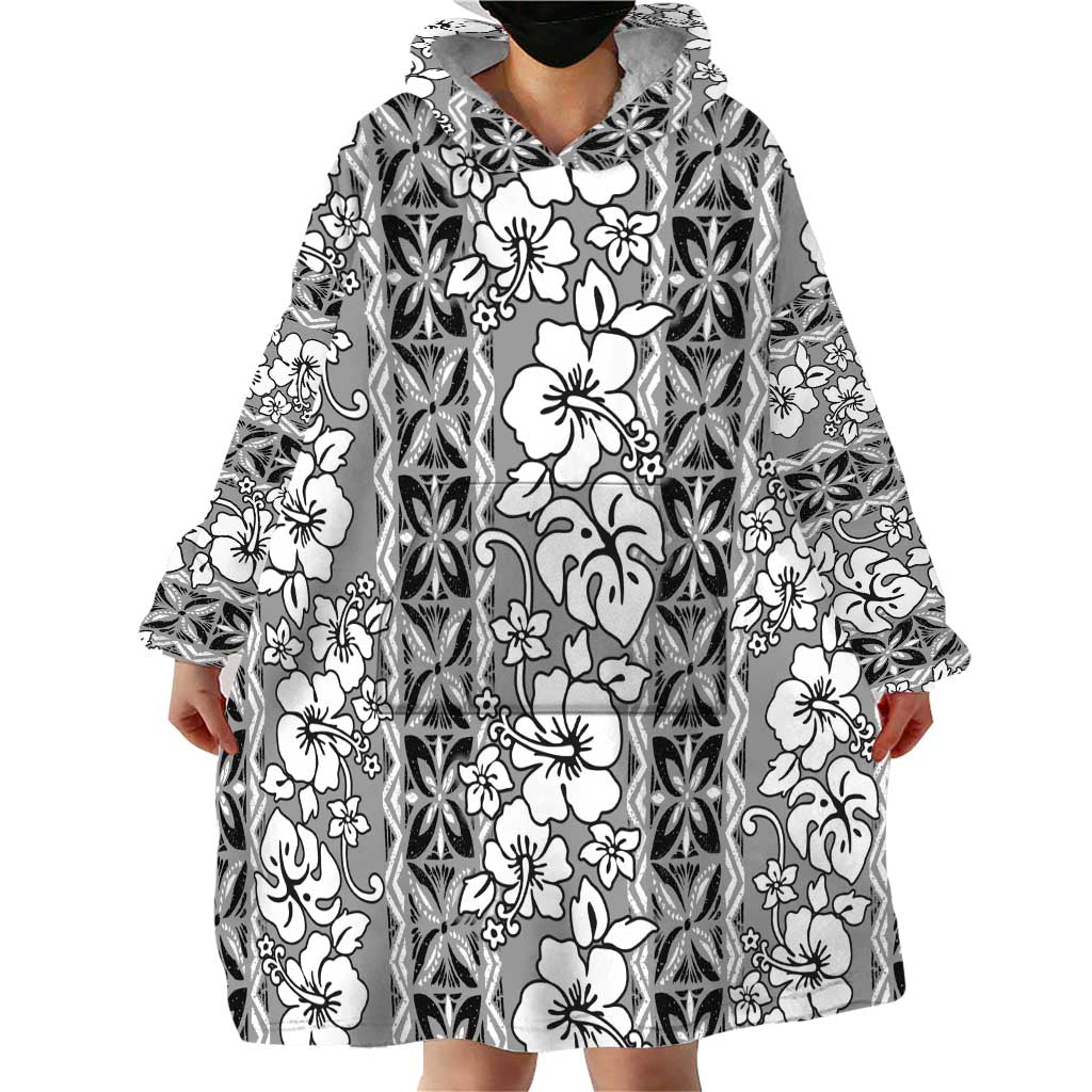 Hawaii Vintage Gray Hibiscus Tapa Pattern Wearable Blanket Hoodie LT05 - Polynesian Pride