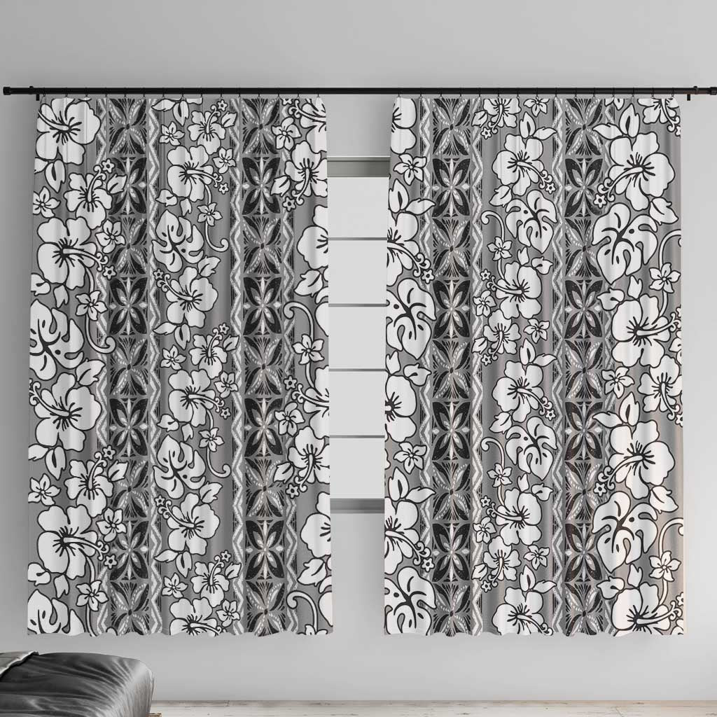 Hawaii Vintage Gray Hibiscus Tapa Pattern Window Curtain LT05 With Hooks Gray - Polynesian Pride