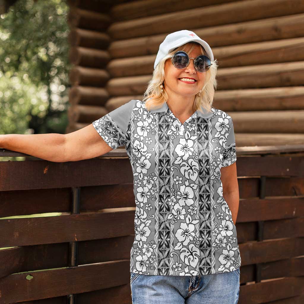 Hawaii Vintage Gray Hibiscus Tapa Pattern Women Polo Shirt