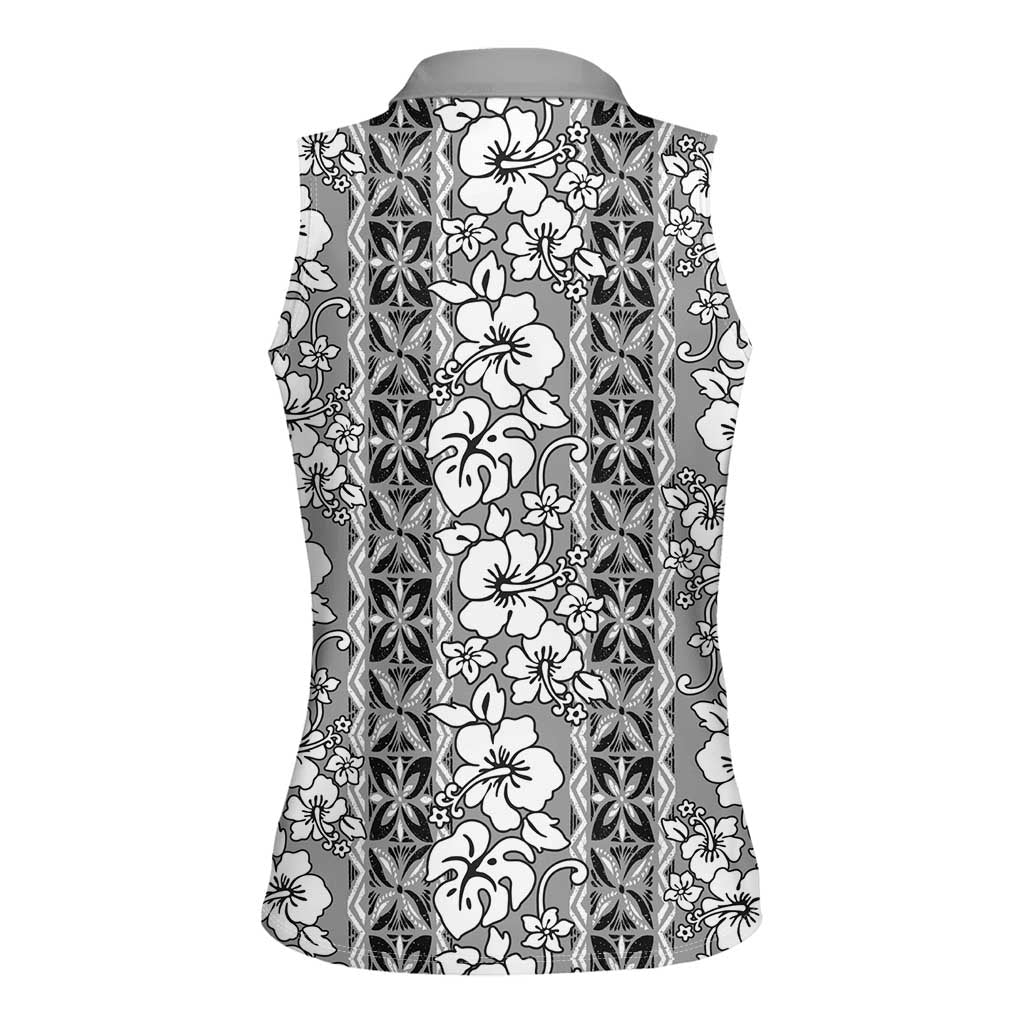 Hawaii Vintage Gray Hibiscus Tapa Pattern Women Sleeveless Polo Shirt