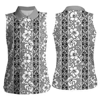Hawaii Vintage Gray Hibiscus Tapa Pattern Women Sleeveless Polo Shirt