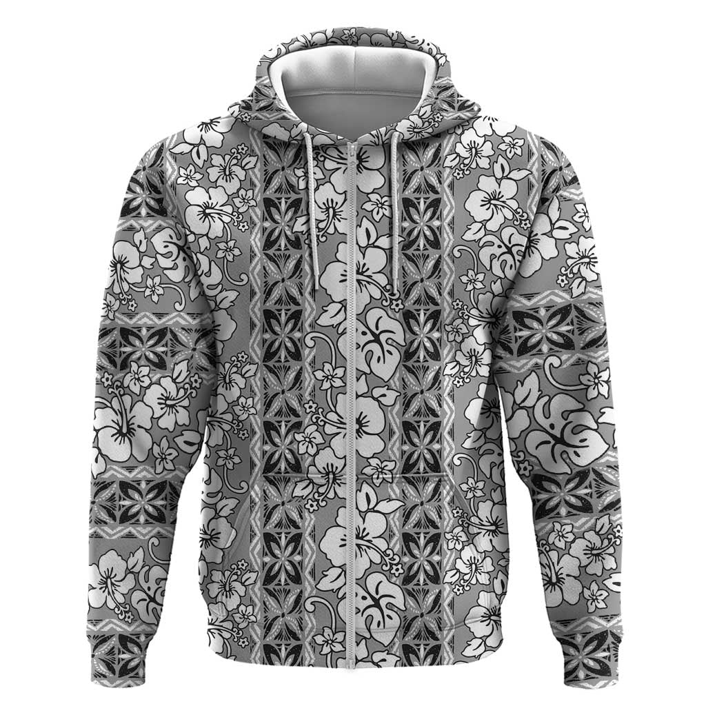 Hawaii Vintage Gray Hibiscus Tapa Pattern Zip Hoodie