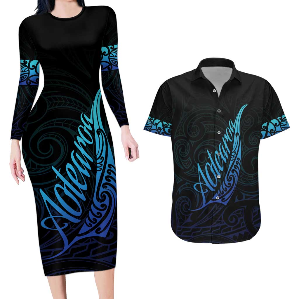 Aotearoa New Zealand Couples Matching Long Sleeve Bodycon Dress and Hawaiian Shirt Koru Fern Blue Gradient