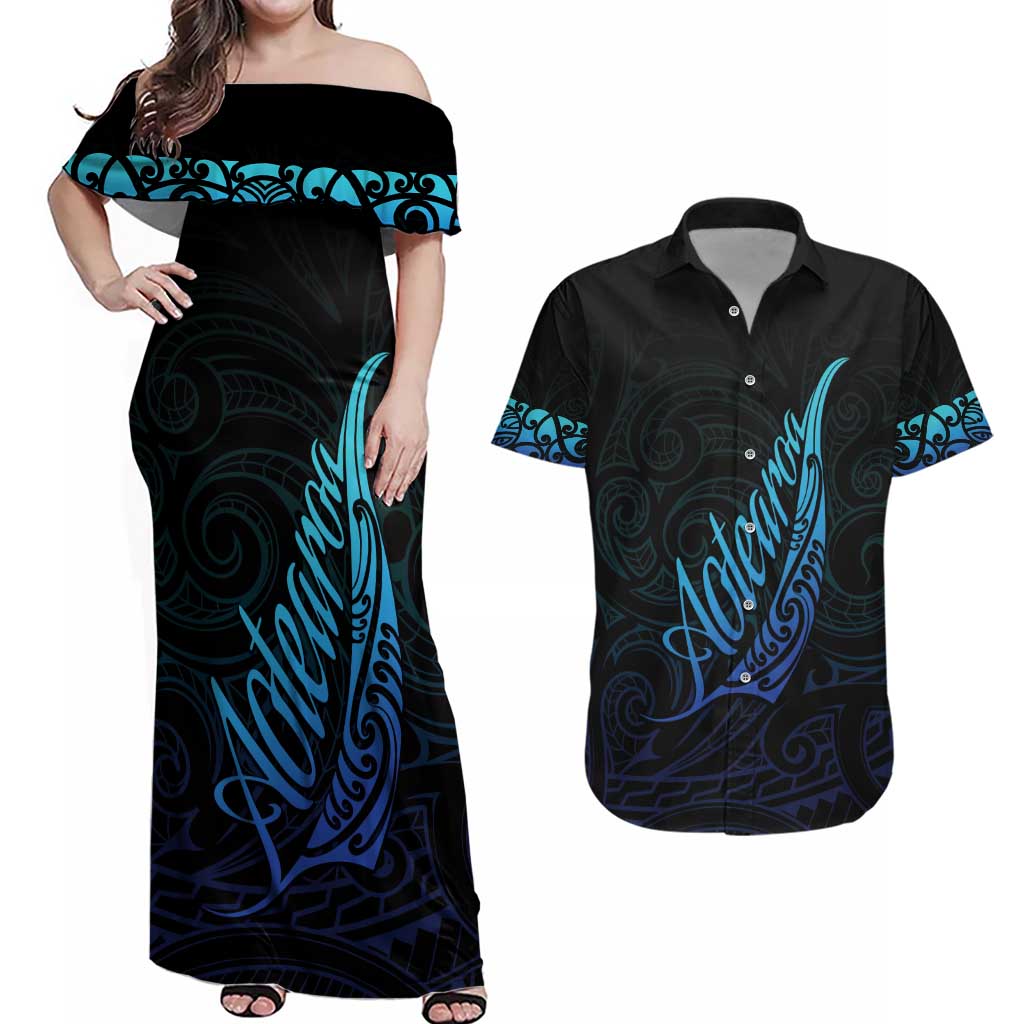 Aotearoa New Zealand Couples Matching Off Shoulder Maxi Dress and Hawaiian Shirt Koru Fern Blue Gradient