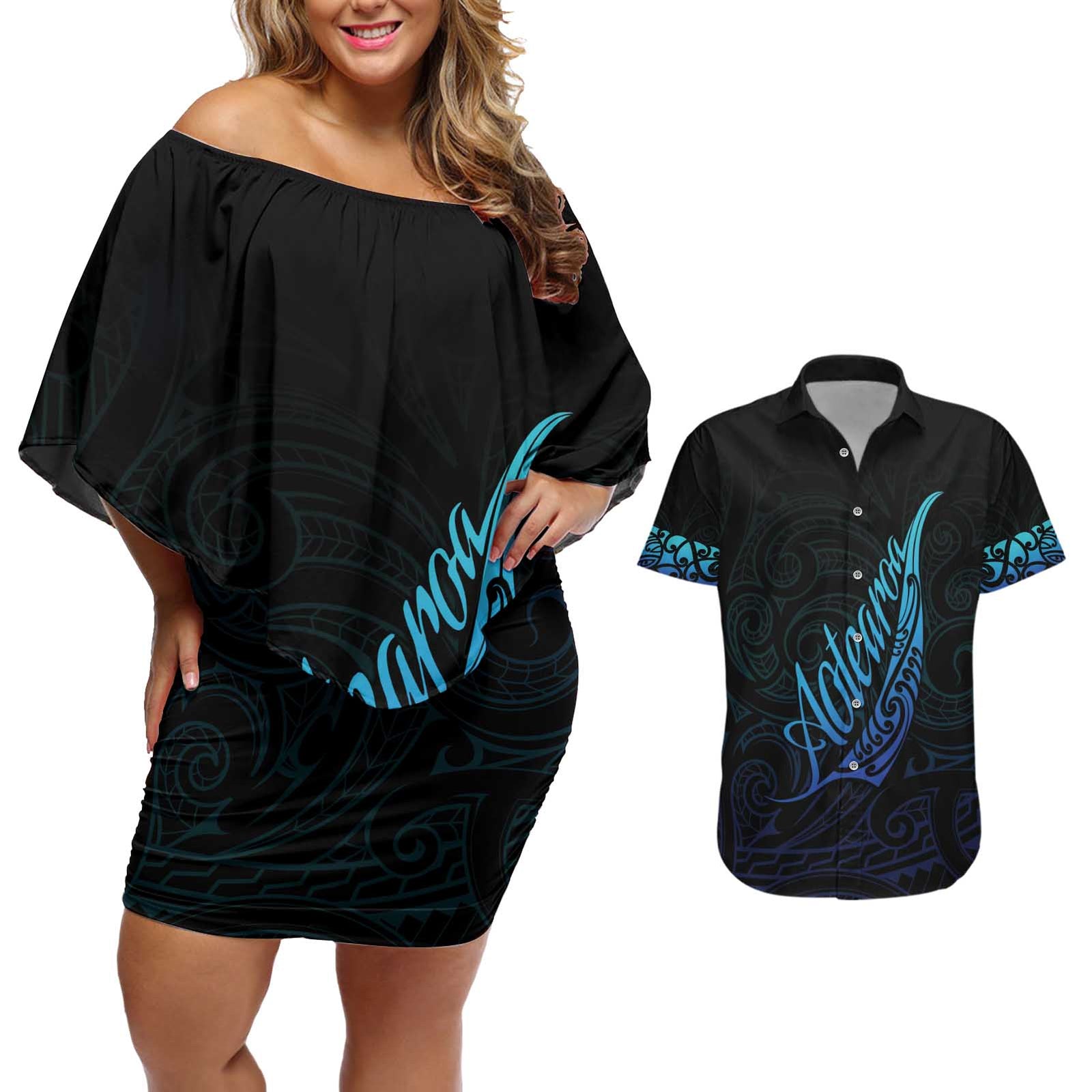 Aotearoa New Zealand Couples Matching Off Shoulder Short Dress and Hawaiian Shirt Koru Fern Blue Gradient LT05 Blue - Polynesian Pride