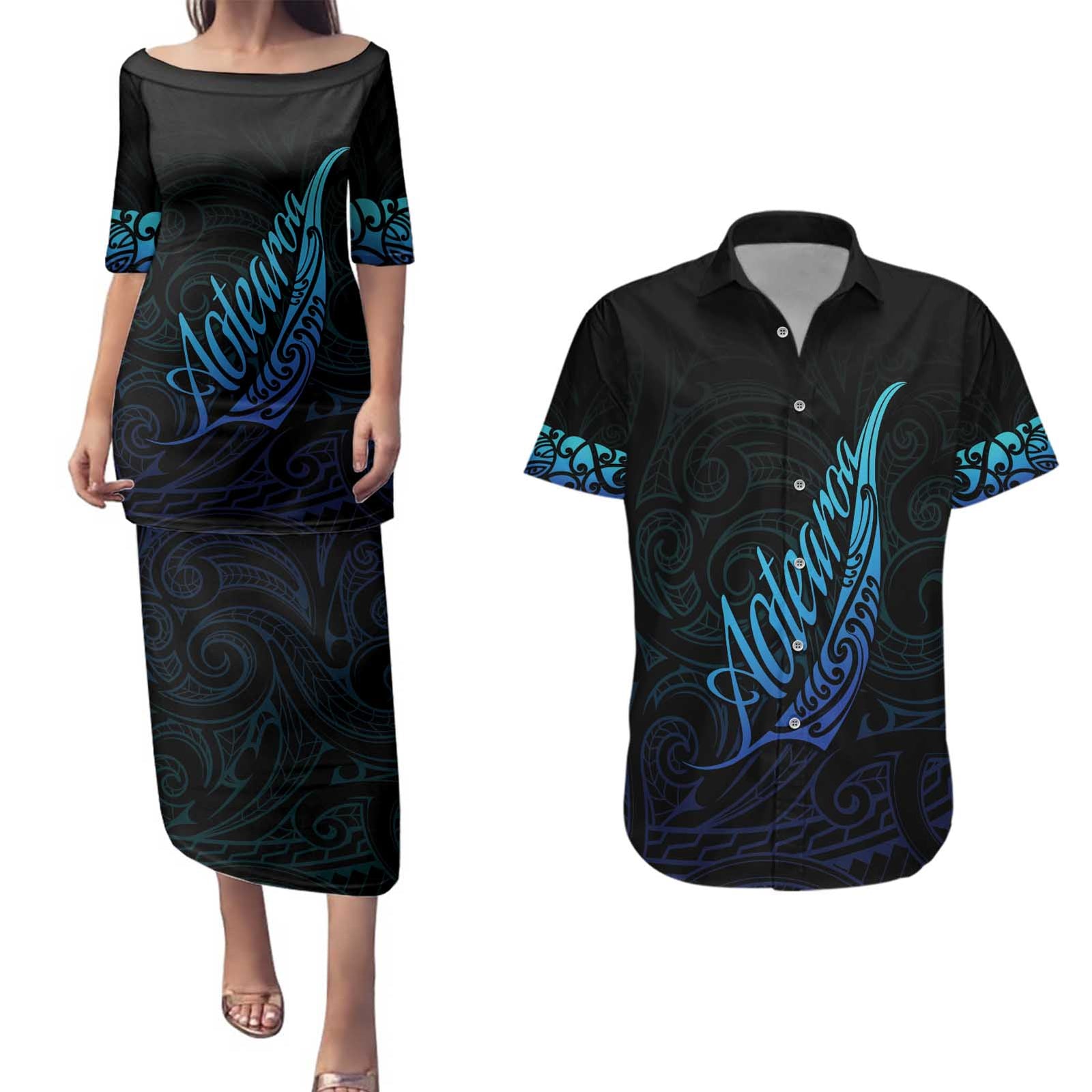 Aotearoa New Zealand Couples Matching Puletasi and Hawaiian Shirt Koru Fern Blue Gradient LT05 Blue - Polynesian Pride