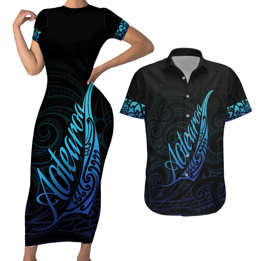 Aotearoa New Zealand Couples Matching Short Sleeve Bodycon Dress and Hawaiian Shirt Koru Fern Blue Gradient