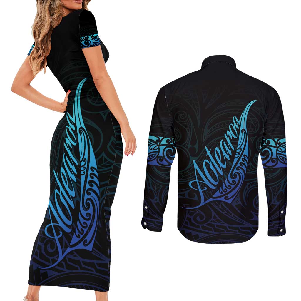 Aotearoa New Zealand Couples Matching Short Sleeve Bodycon Dress and Long Sleeve Button Shirt Koru Fern Blue Gradient