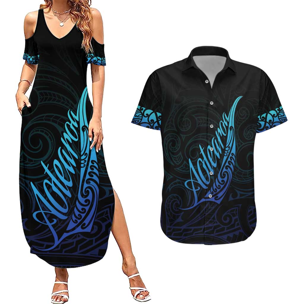 Aotearoa New Zealand Couples Matching Summer Maxi Dress and Hawaiian Shirt Koru Fern Blue Gradient LT05 Blue - Polynesian Pride