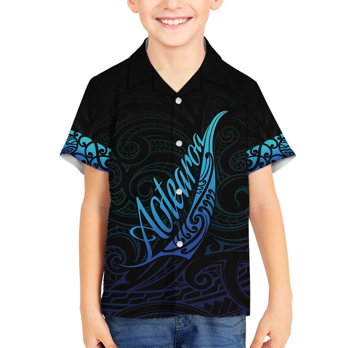 Aotearoa New Zealand Family Matching Off The Shoulder Long Sleeve Dress and Hawaiian Shirt Koru Fern Blue Gradient