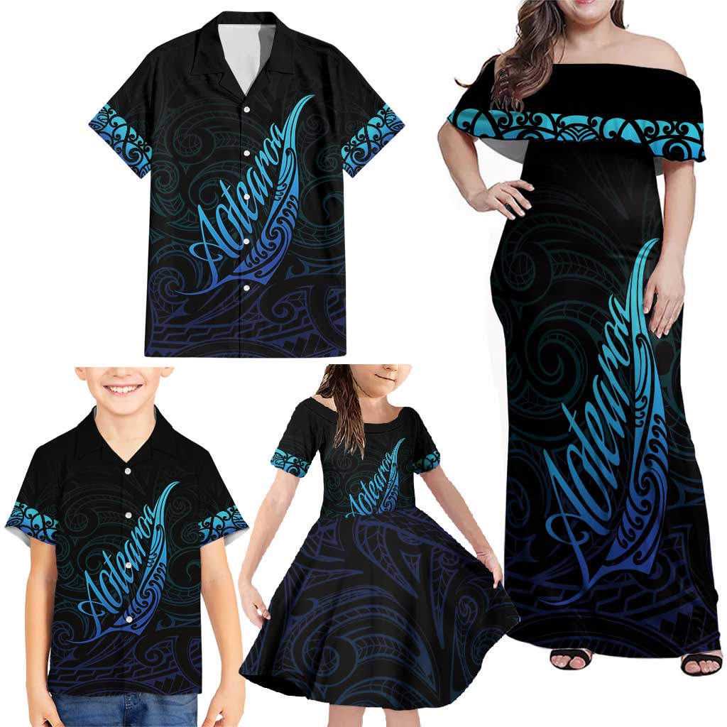 Aotearoa New Zealand Family Matching Off Shoulder Maxi Dress and Hawaiian Shirt Koru Fern Blue Gradient LT05 - Polynesian Pride