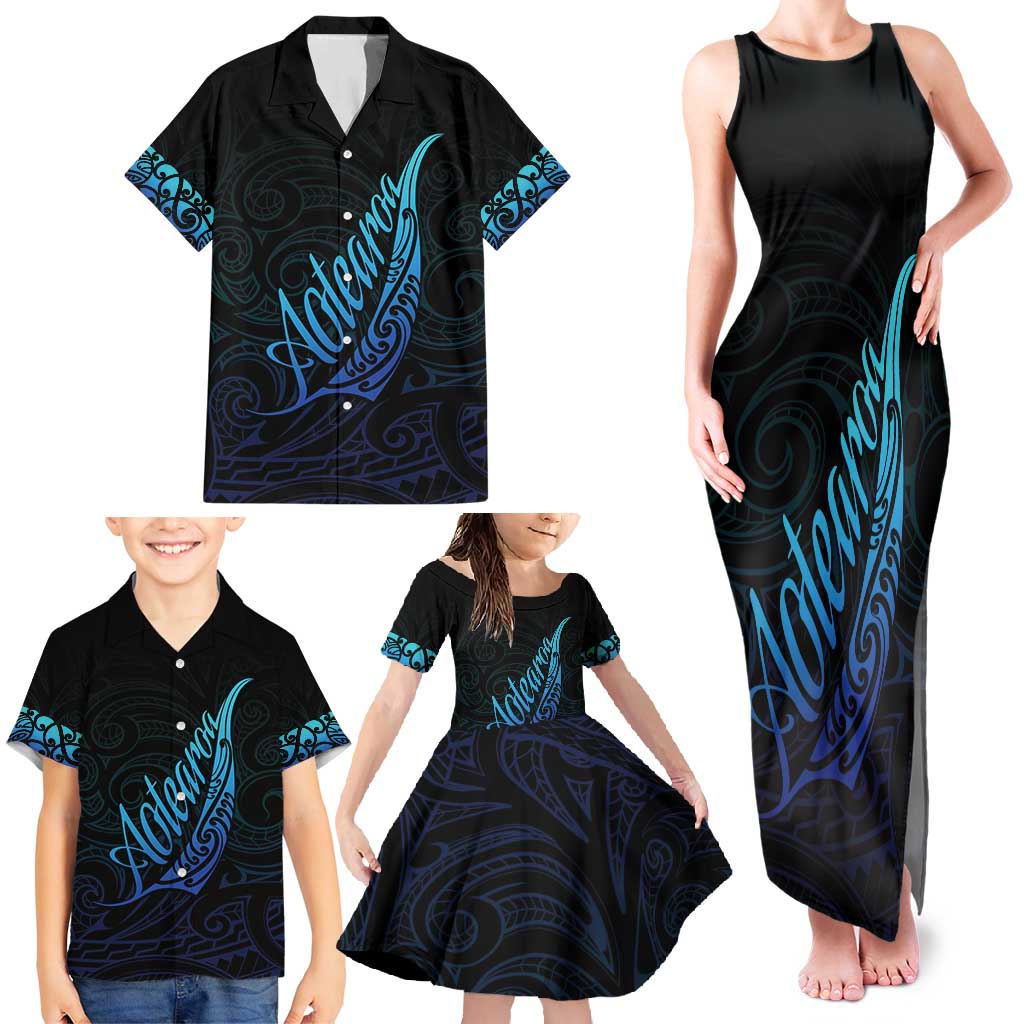 Aotearoa New Zealand Family Matching Tank Maxi Dress and Hawaiian Shirt Koru Fern Blue Gradient