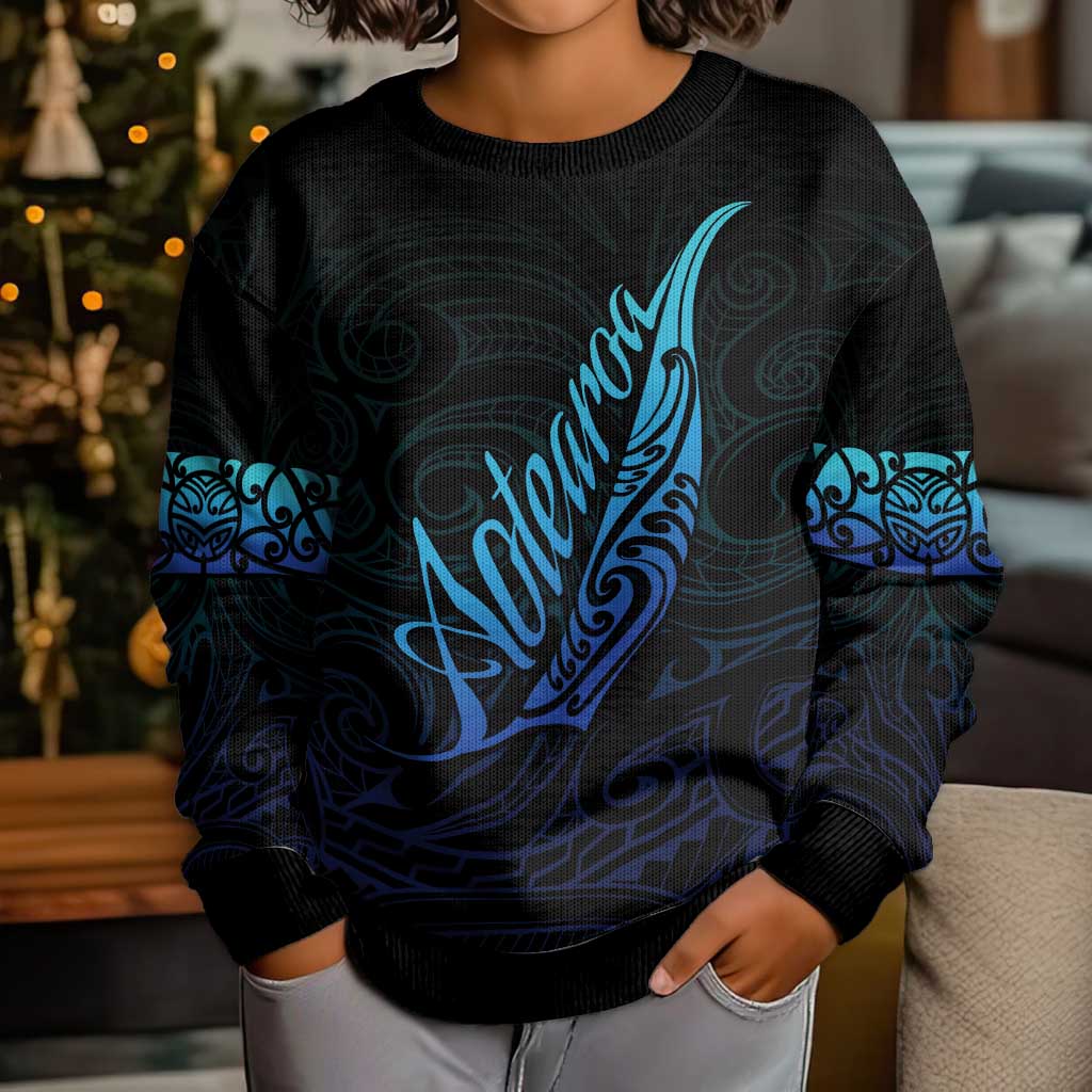 Aotearoa New Zealand Kid Ugly Christmas Sweater Koru Fern Blue Gradient