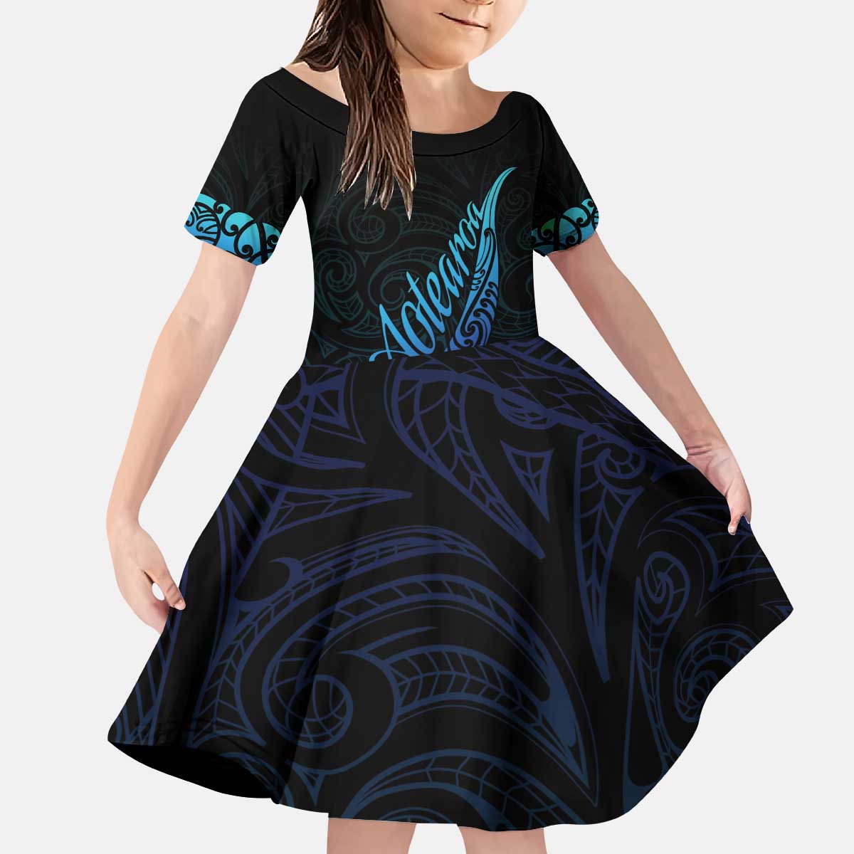 Aotearoa New Zealand Kid Short Sleeve Dress Koru Fern Blue Gradient