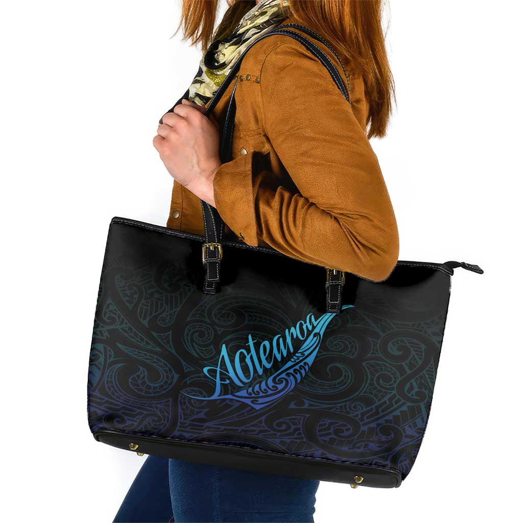 Aotearoa New Zealand Leather Tote Bag Koru Fern Blue Gradient LT05 Blue - Polynesian Pride