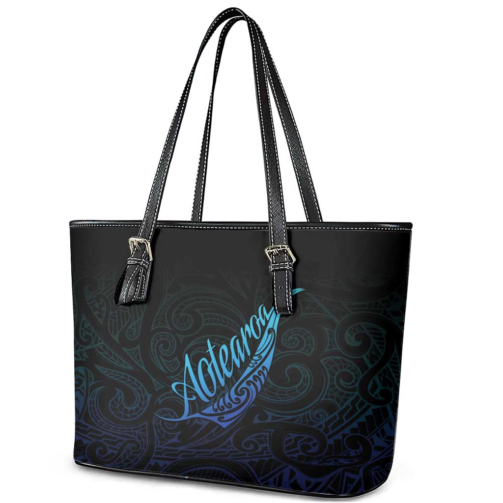 Aotearoa New Zealand Leather Tote Bag Koru Fern Blue Gradient LT05 - Polynesian Pride