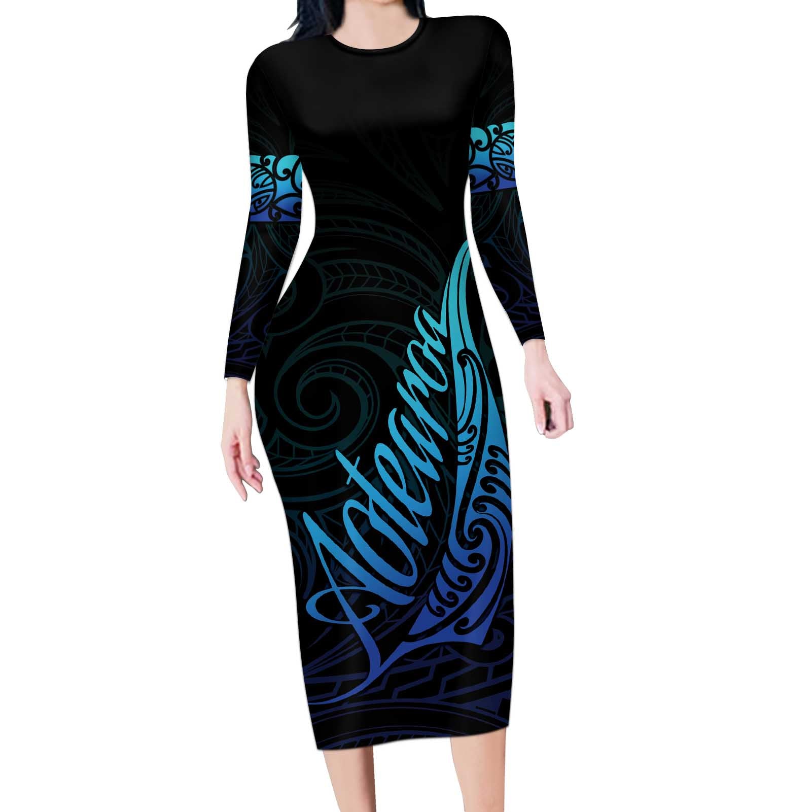 Aotearoa New Zealand Long Sleeve Bodycon Dress Koru Fern Blue Gradient