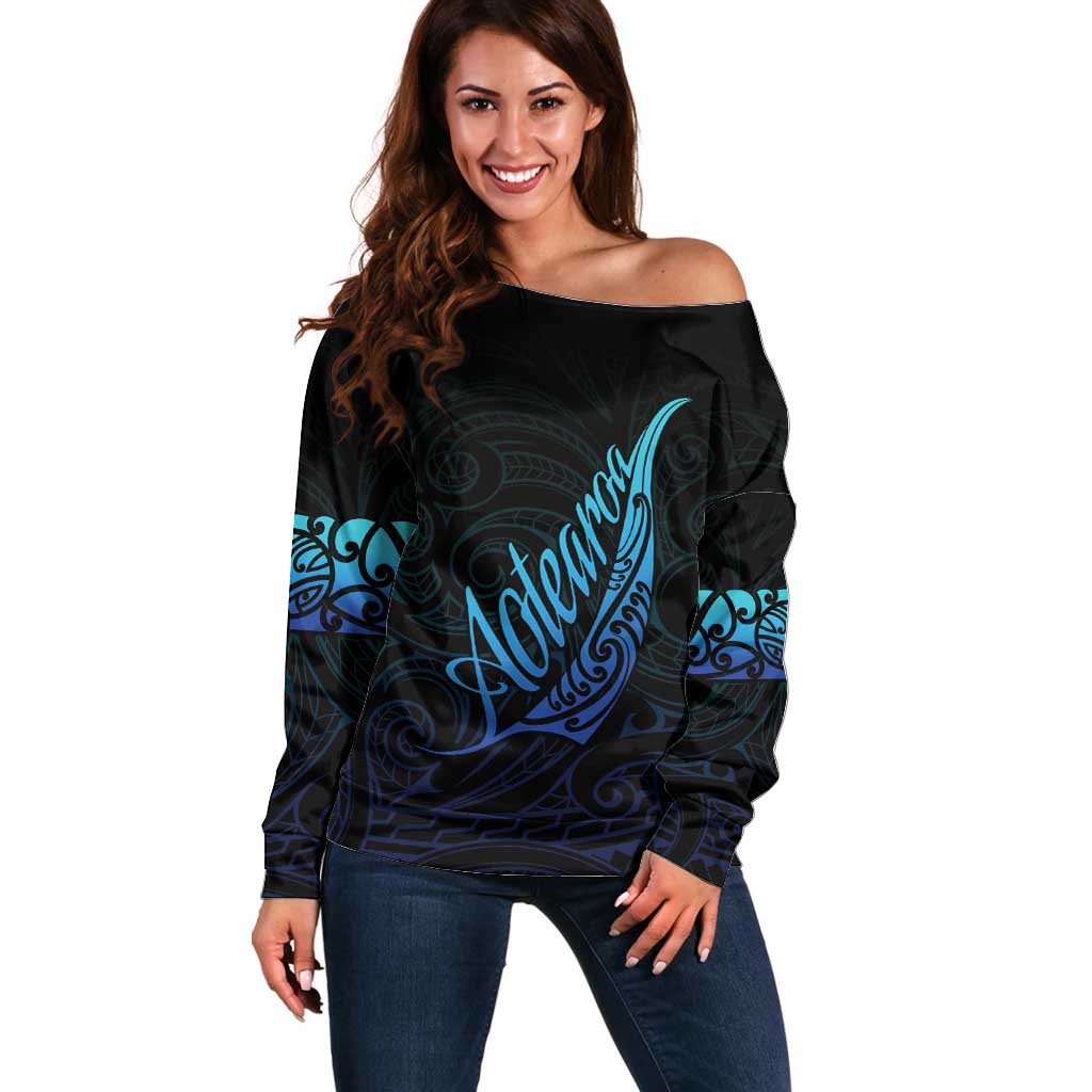 Aotearoa New Zealand Off Shoulder Sweater Koru Fern Blue Gradient