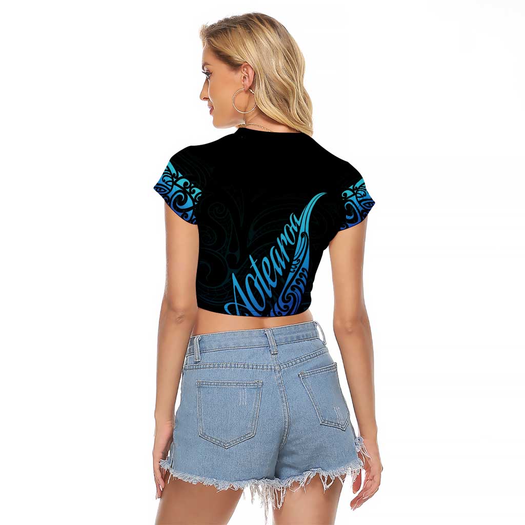 Aotearoa New Zealand Raglan Cropped T Shirt Koru Fern Blue Gradient LT05 - Polynesian Pride