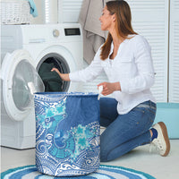 Hawaii Discoverers Day Laundry Basket Polynesian Fish Hook With Hibiscus Blue LT05 - Polynesian Pride