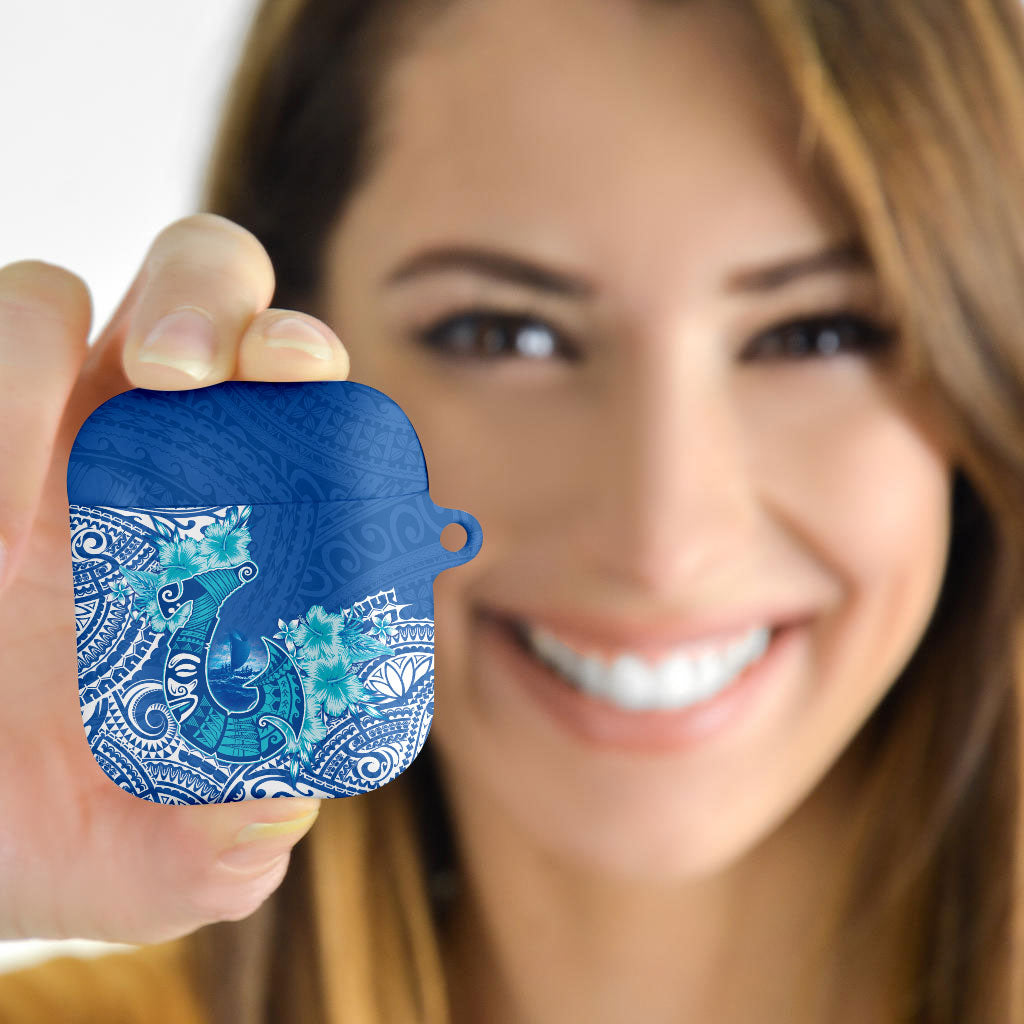 Hawaii Discoverers Day AirPods Case Polynesian Fish Hook With Hibiscus Blue LT05 - Polynesian Pride