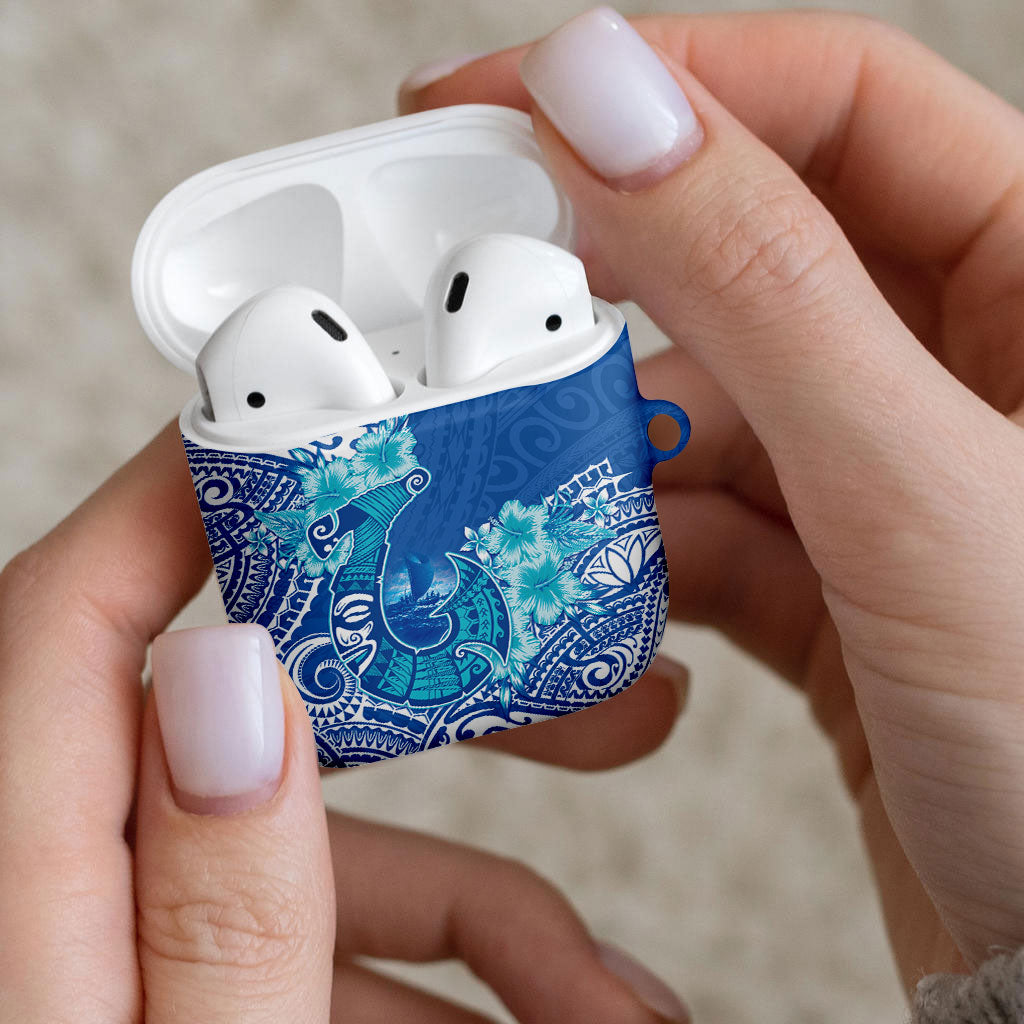 Hawaii Discoverers Day AirPods Case Polynesian Fish Hook With Hibiscus Blue LT05 - Polynesian Pride