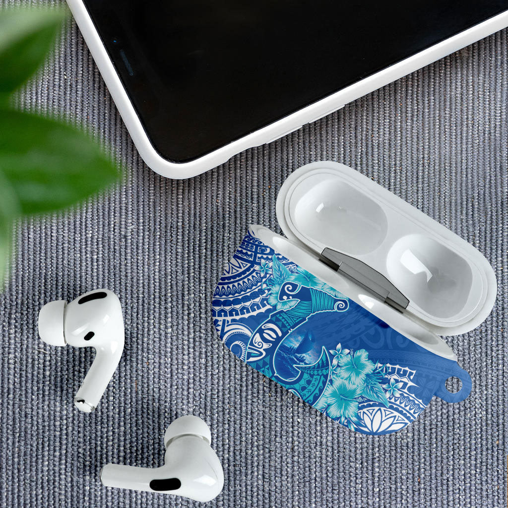 Hawaii Discoverers Day AirPods Case Polynesian Fish Hook With Hibiscus Blue LT05 - Polynesian Pride