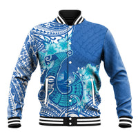 Hawaii Discoverers Day Baseball Jacket Polynesian Fish Hook With Hibiscus Blue LT05 Unisex Blue - Polynesian Pride