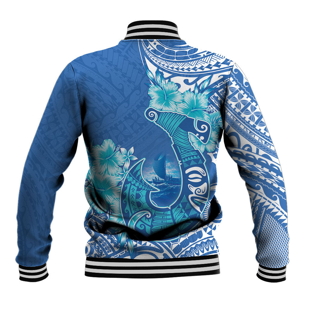 Hawaii Discoverers Day Baseball Jacket Polynesian Fish Hook With Hibiscus Blue LT05 - Polynesian Pride