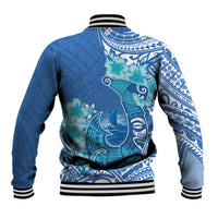 Hawaii Discoverers Day Baseball Jacket Polynesian Fish Hook With Hibiscus Blue LT05 - Polynesian Pride