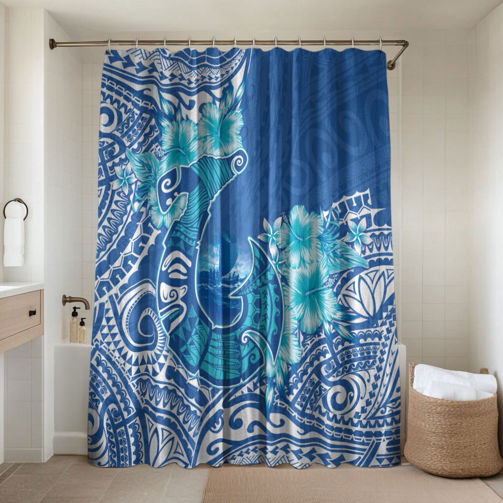 Hawaii Discoverers Day Bathroom Set Polynesian Fish Hook With Hibiscus Blue LT05 Shower Curtain Only Blue - Polynesian Pride
