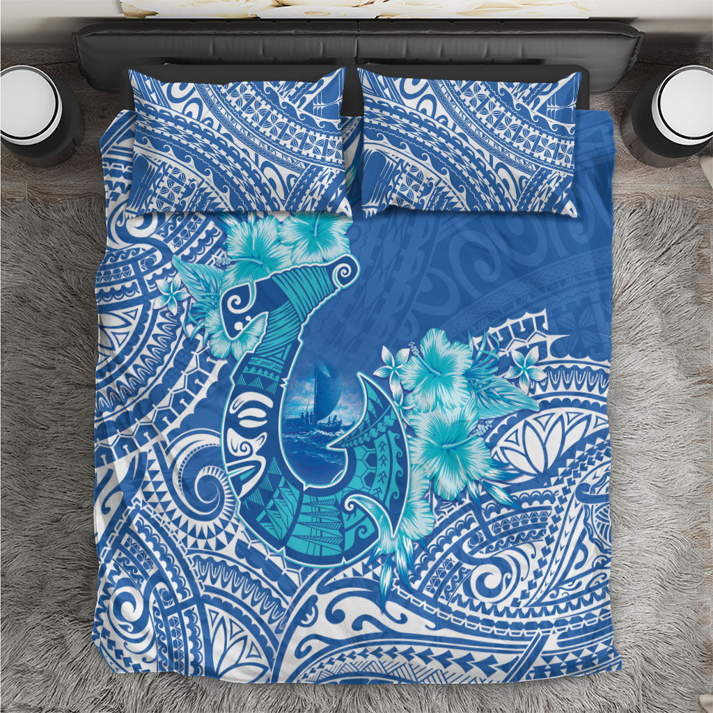 Hawaii Discoverers Day Bedding Set Polynesian Fish Hook With Hibiscus Blue LT05 Blue - Polynesian Pride
