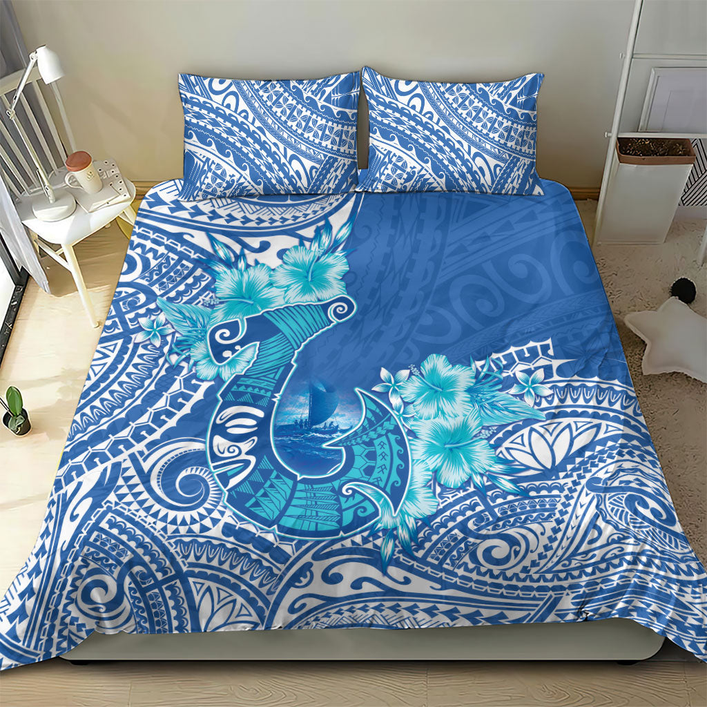 Hawaii Discoverers Day Bedding Set Polynesian Fish Hook With Hibiscus Blue LT05 - Polynesian Pride