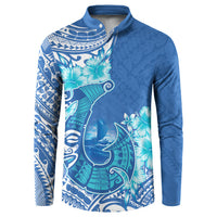 Hawaii Discoverers Day Button Sweatshirt Polynesian Fish Hook With Hibiscus Blue LT05 Blue - Polynesian Pride