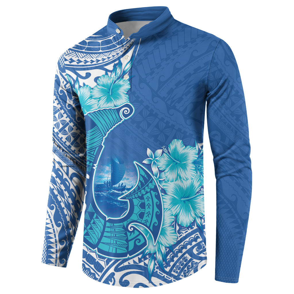 Hawaii Discoverers Day Button Sweatshirt Polynesian Fish Hook With Hibiscus Blue LT05 - Polynesian Pride