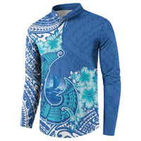 Hawaii Discoverers Day Button Sweatshirt Polynesian Fish Hook With Hibiscus Blue LT05 - Polynesian Pride