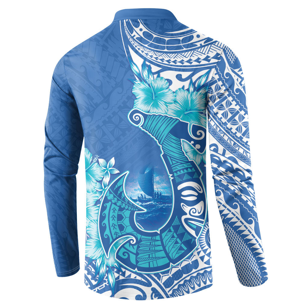 Hawaii Discoverers Day Button Sweatshirt Polynesian Fish Hook With Hibiscus Blue LT05 - Polynesian Pride
