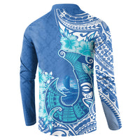 Hawaii Discoverers Day Button Sweatshirt Polynesian Fish Hook With Hibiscus Blue LT05 - Polynesian Pride
